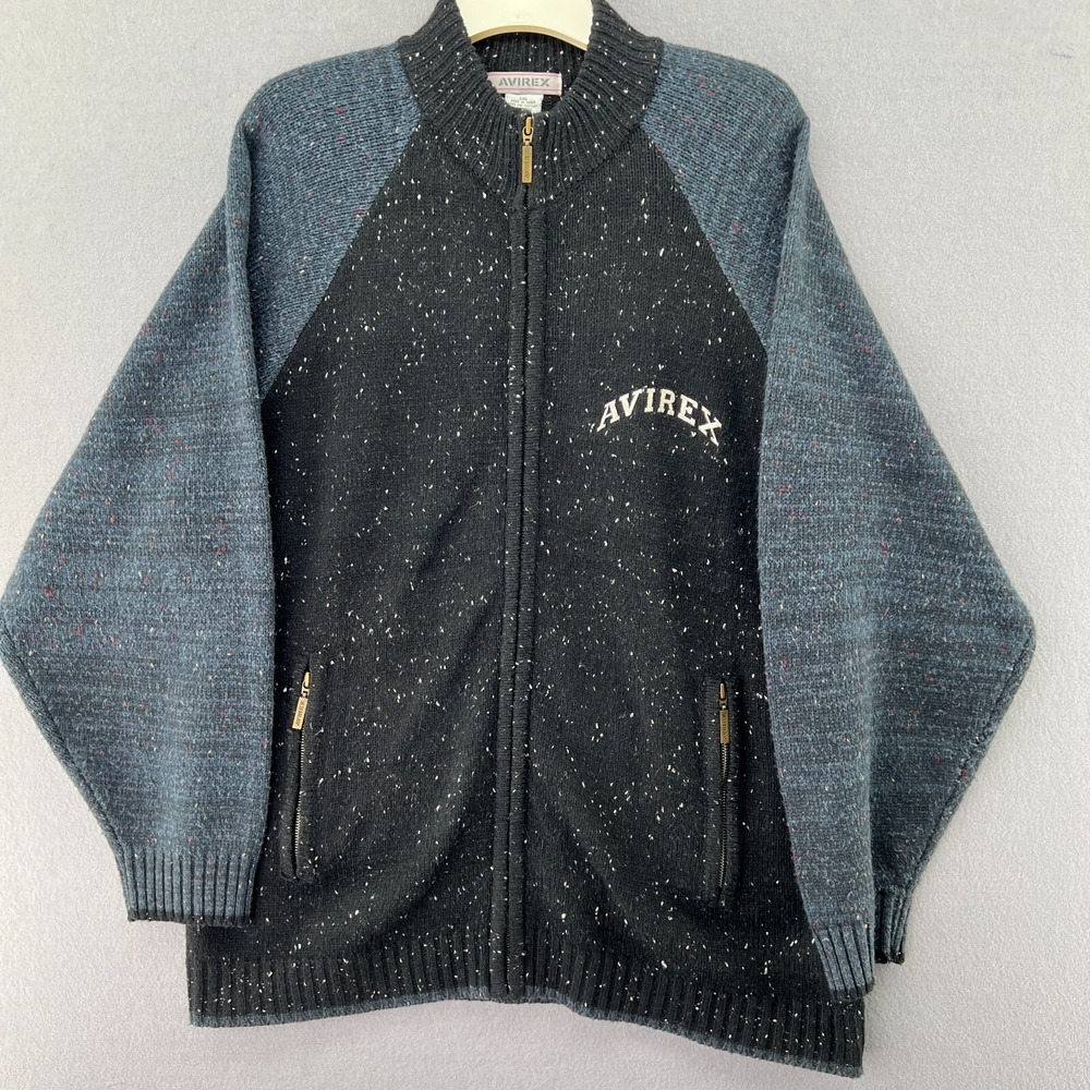 Vintage Avirex 90s Black Blue Full Zipper Cardigan Sweater Size 2XL Big & Tall